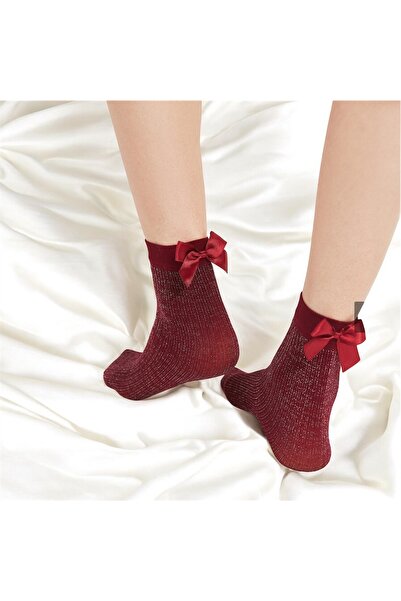 Butik Leo Socks Bordo Simli Kurdeleli Çorap