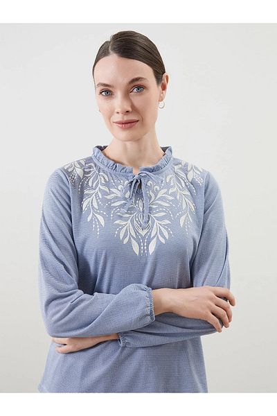 LC Waikiki Grace Blue Lace-Up Collar Floral Women's Blouse