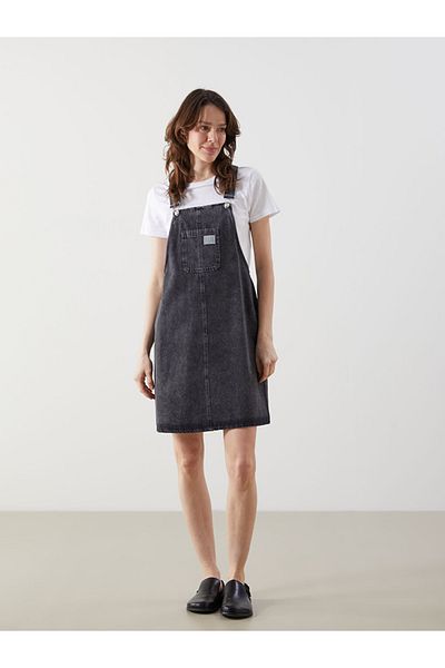 LC Waikiki Lcw Women's Jean Square Neck Printed Straps Salopet Dress
