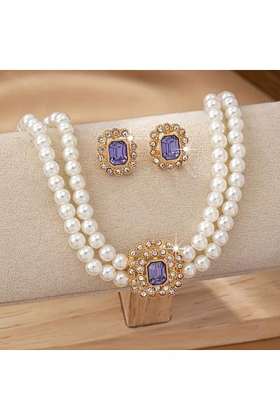JELLYWEAR Luxurious Elegan Double Rows Pearls Set Jade Stone Accent Bracelet & Earrings, Acrylic Daily Wear