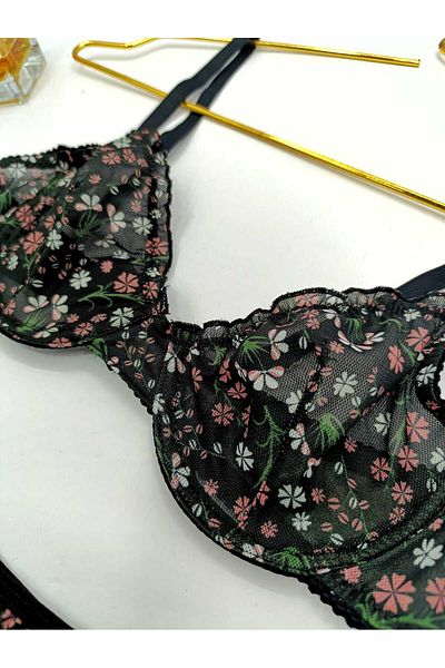 La Linaa Σετ σουτιέν με στρινγκ καλσόν με μοτίβο Jasmin Black Floral