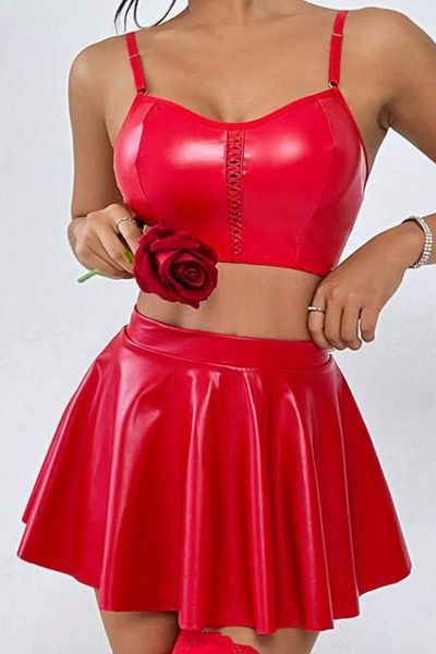 RUKOD Women's Red Mini Skirt Bustier Lame Faux Leather Strap Low-Cut Ruffle Skirt Mini Dress