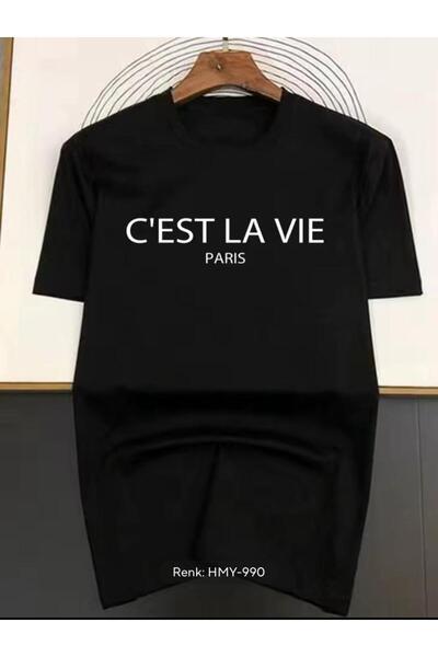 caddekombin Cest Vie Men's Cotton Combed Crew Neck Black T-Shirt