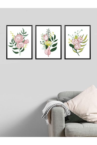 estölye 3 Piece Bohemian Style Artistic Wood Frame Look Painting Set