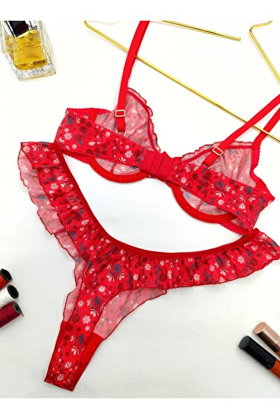 La Linaa Jasmin Red Floral Print Thong Panty Bra Set