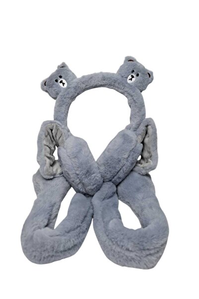 SPTEKS Çocuk Gri Renk Ayıcık Figürlü Pompalı Ve Sesli Kışlık Peluş Kulaklık