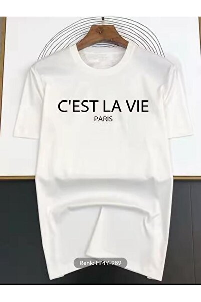 caddekombin Cest Vie Men's Cotton Combed Crew Neck White T-Shirt