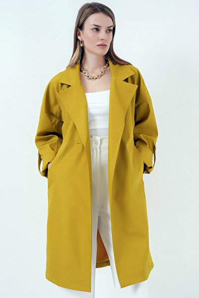 CoolLook Astarlı Çentikli Ceket Yaka Uzun Kollu Düğme Kapama Rahat Kesim Kuşaklı İki Cepli Diz Üstü Trençkot