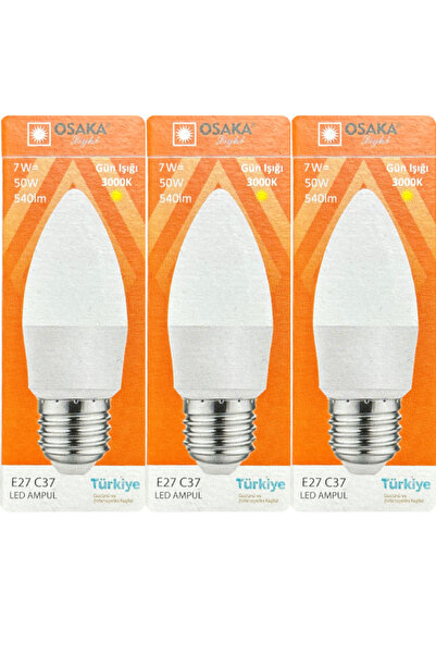 Osaka (3 Adet) Osaka 7W (50W) 3000K (Sarı) E27 Duylu (Kalın Duy) Mum Led Ampul