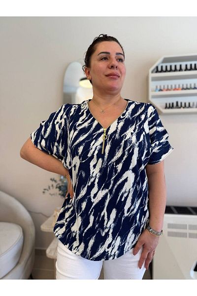 garajmood Bluză de mărime mare cu model albastru, cu fermoar și cu mâneci