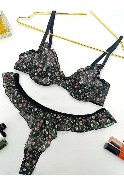 La Linaa Σετ σουτιέν με στρινγκ καλσόν με μοτίβο Jasmin Black Floral