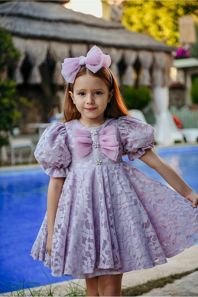 Mialora Bow and Puffy Sleeves Princess Model Lace Embroidered Children's Evening Dress_M2450