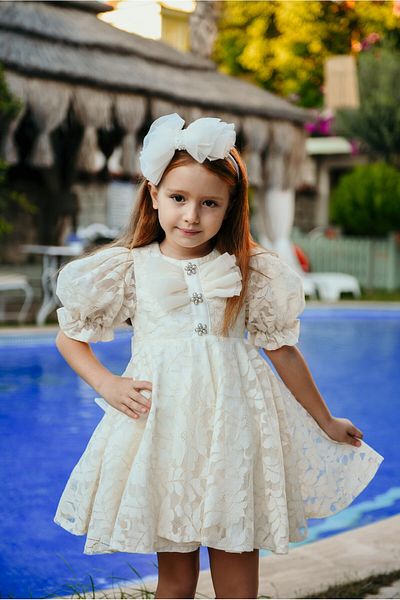 Mialora Bow and Puffy Sleeves Princess Model Lace Embroidered Children's Evening Dress_M2450
