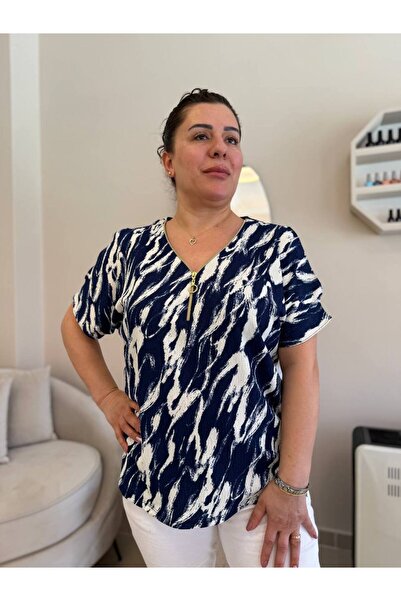 garajmood Blue Patterned Plus Size Blouse with Zipper and Sleeves Slit