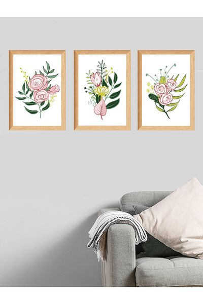 estölye 3 Piece Modern Style Artistic Wooden Frame Look Painting Set