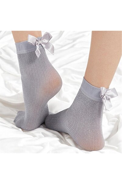 Butik Leo Socks Gri Simli Kurdeleli Çorap