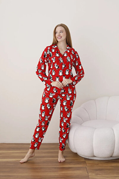 Soft Satin Kadın Süet Gömlek Yaka Önden Düğmeli Pijama Takımı Kırmızı Penguen Desenli