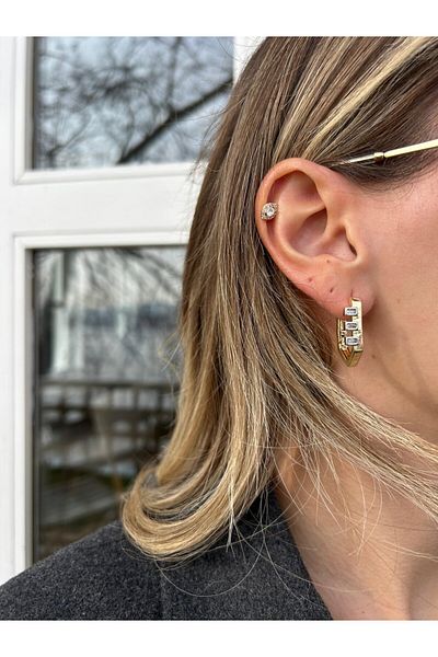 Jerie Gold Square Baguette Stone Design Hoop Earrings