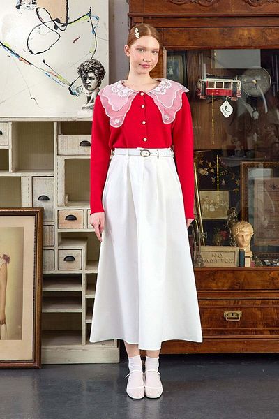 Ceylan Otantik Red Knitwear Cardigan with Lace Collar & Ecru Single Button Linen Skirt