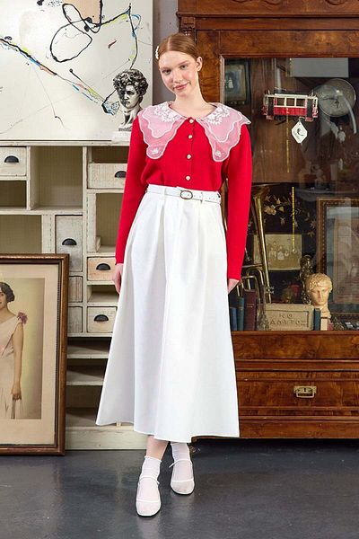 Ceylan Otantik Red Knitwear Cardigan with Lace Collar & Ecru Single Button Linen Skirt