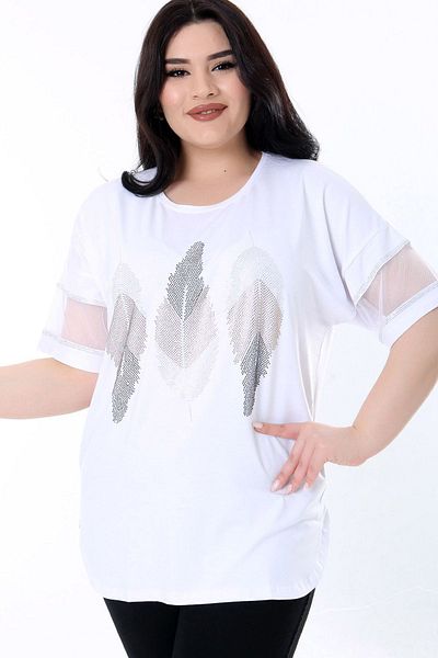 Kheos Flexible and Comfy Lycra Plus Size Blouse - Round Neck, Tulle Stripe, Short Sleeve, Leaf Pattern and Stone Print