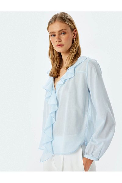 Koton Long Sleeve Light Blue Women's Shirt 5Sak60058Uw