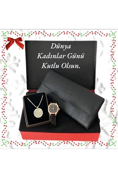 Spectrum Gift Set Women Black Wristwatch-Combed Shawl -Carlino Wallet-Flower of Life Necklace