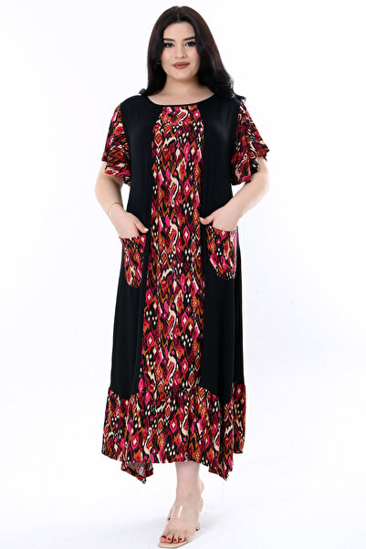 Kheos Με κορδόνια στην πλάτη και χαμηλή κοπή με στρογγυλή λαιμόκοψη με κοντό μανίκι μπλοκ με ελαστικό μακρύ φόρεμα