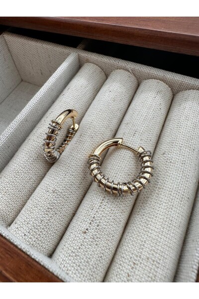 Jerie Gold Bombeli Silver Örme Tel Detaylı Halka Küpe