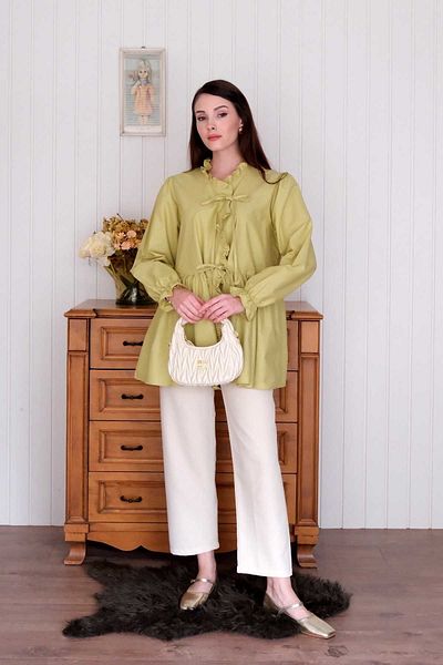 Ceylan Otantik Soft Green Ruffled Tie-Up Tunic & Cream Tube Leg Trousers Set