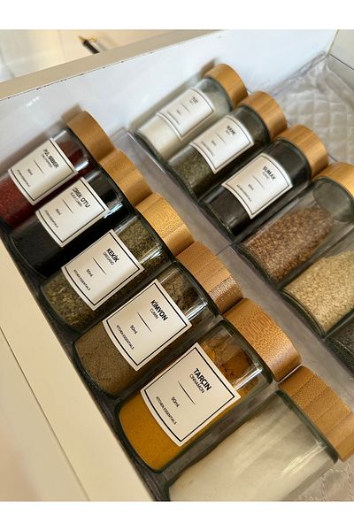 vanilinkitchen Tohana Set of 12 Glass Round Spices with Bamboo Lid and Sticker Gift
