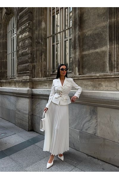 Rabury Butik Elizabeth Gold Belted-Buttoned Blazer Jacket and Pleated Skirt Set