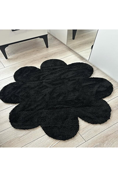 Paco Home Dekoratif Siyah Peluş Yumuşak Papatya Desen Halı