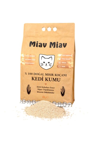 Miav Miav Organik Kedi Kumu Tozsuz Kokusuz Doğal Mısır Koçanı Kedi Kumu 8lt