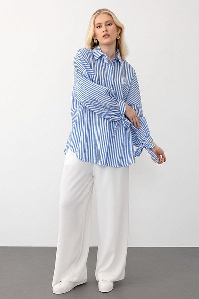 Olcay Set cămașă și pantaloni cu dungi cu talie elastică - ALBASTRU 7939-TK