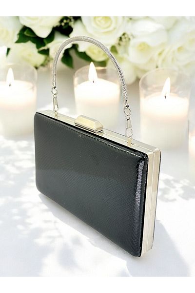 Ahenk Design Black Color Herringbone Pattern Metal Handle Shiny Patent Leather Women's Evening Dress Bag Wedding Engagement