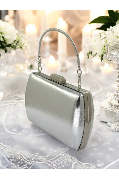 MidStore Silver Gray Lame Wrinkled Skin Leather Metallic Color Chain Strap Ev...