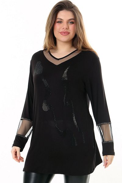 Kheos V-neck Stone Embroidered Comfortable and Flowy Fit Long Sleeve Plus Size Blouse with Tulle Detail on Collar and Sleeve