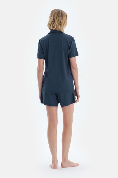 Dagi Navy Blue Woven Label Detailed Basic Shirt Shorts Pajamas Set