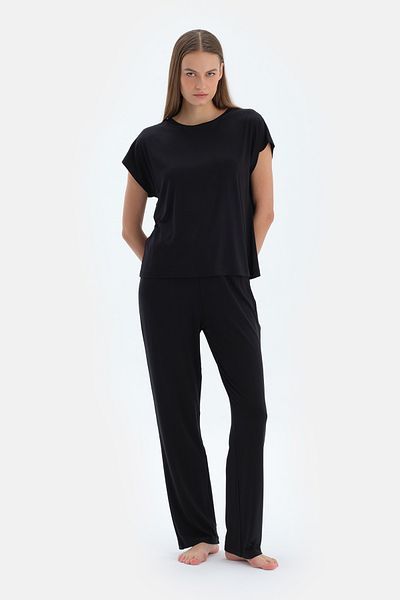 Dagi Set de pijamale cu pantaloni tricou cu mânecă scurtă de bază neagră