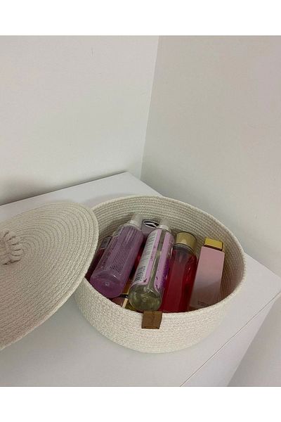 Sevdam Sepet سلة بيضاء ذات غطاء مسطح متعددة الأغراض، سلة زخرفية، سلة قطن، سلة خوص، سلة حبل