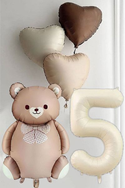 Atölye Mi 5Th Birthday Caramel Bow Tie Bear and 3 Retro Heart Balloons Balloon Set