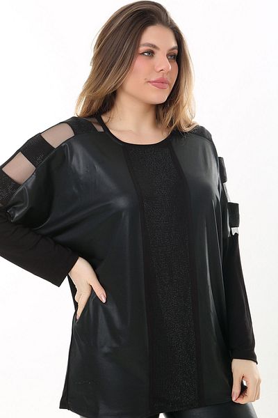 Kheos Στρογγυλή λαιμόκοψη μανίκι τούλι με παράθυρο μακρύ μανίκι μπροστά δερμάτινη εμφάνιση πέτρα κεντημένη μπλούζα μεγάλου μεγέθους