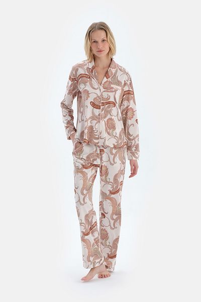 Dagi Light Pink Shawl Pattern Combed Cotton Modal Shirt Pants Pajamas Set