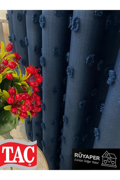 Taç Rüyaper Navy Blue Color Pompom Pufy Background Curtain 1/3 Sik Pleat