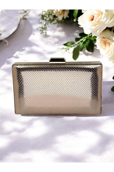 Ahenk Design Rosegold Color Herringbone Patterned Shiny Patent Leather Women's Evening Dress Bag Wedding Engagement