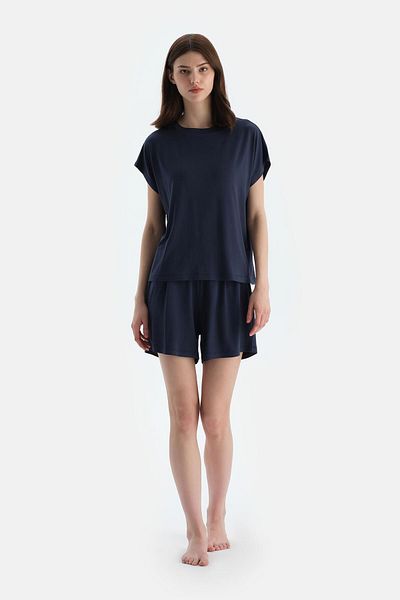 Dagi Navy Blue Off Shoulder Short Sleeve Viscose T-Shirt Shorts Pajama Set