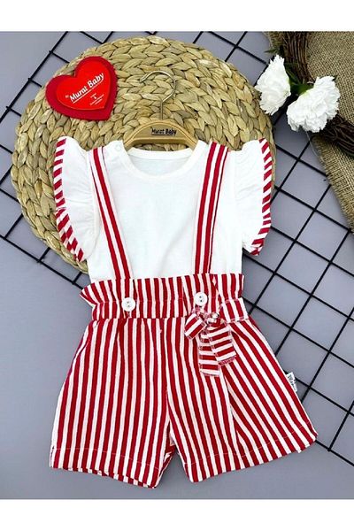 cacobutik Striped Sleeves Frilly Textured Crepe Fabric Baby Girl Salopet Set