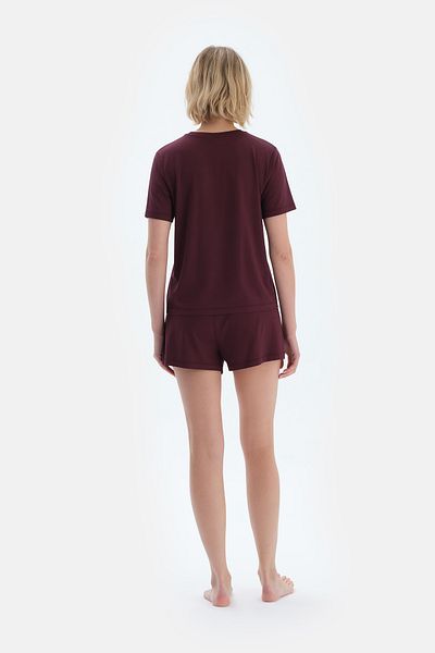 Dagi Plum Lace Detailed Short Sleeve Viscose T-Shirt Shorts Pajamas Set
