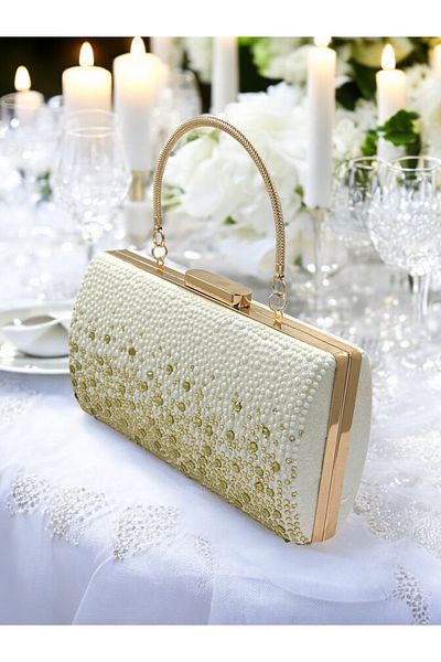 Wedding Fashion Special Design Metal Handle Crystal Jewelled Double Color Pearl Gold Evening Dress Bag Wedding Engagement Henna Graduation